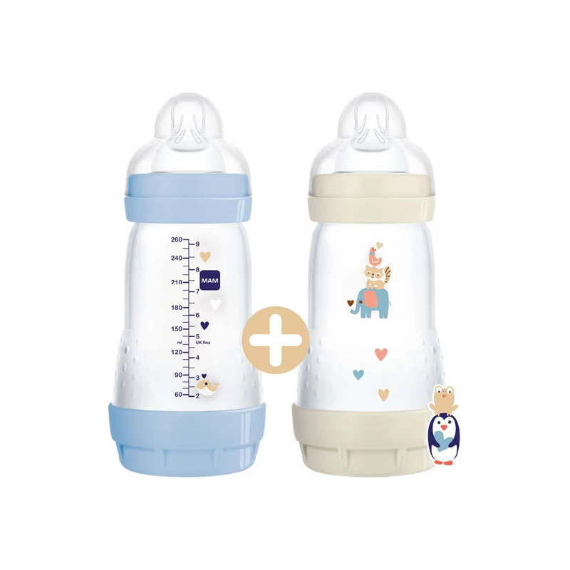MAM Start Easy Biberon Océan & Sable anti-colique coton débit 2 - 2x260ml + Tétine plate