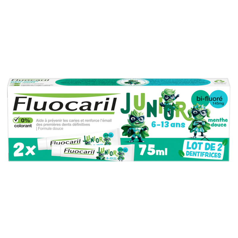 Fluocaril Junior Dentifrice 6-13 ans menthe douce lot de 2x75ml