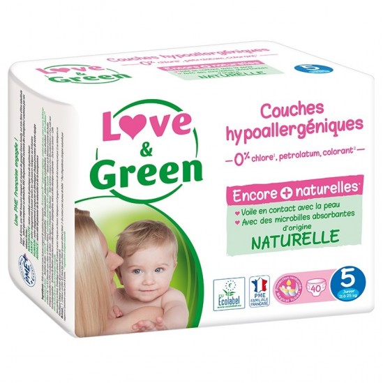 Love & green couches hypoallergéniques taille 5 large 11-25 kg 40 pièces