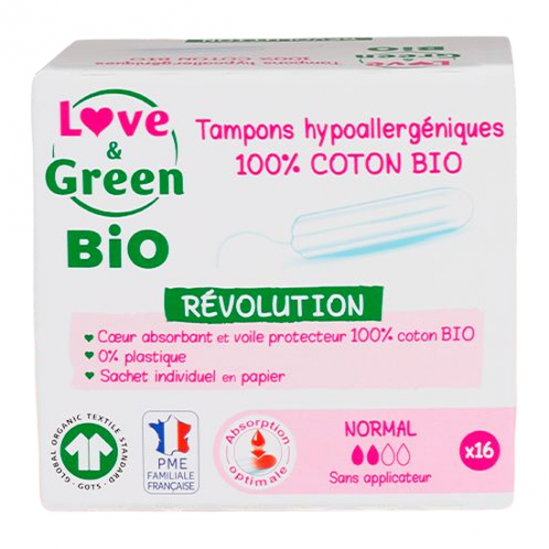 Love & green tampons hypoallergéniques sans applicateur normal 16 pièces