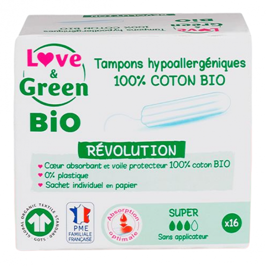 Love & green tampons hypoallergéniques sans applicateur super 16 pièces