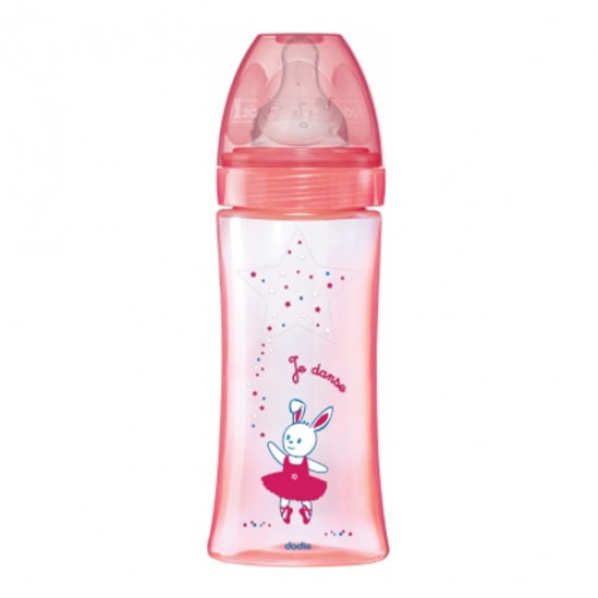 Dodie initiation+ biberon tétine 3vitesses débit 3 +6mois rose 330ml