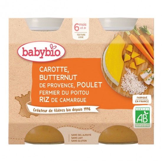 Babybio carotte butternut  poulet fermier riz pots de 2x200g