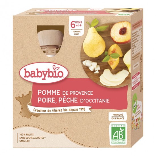 Babybio gourde pomme poire pêche 4 gourdes de 90g