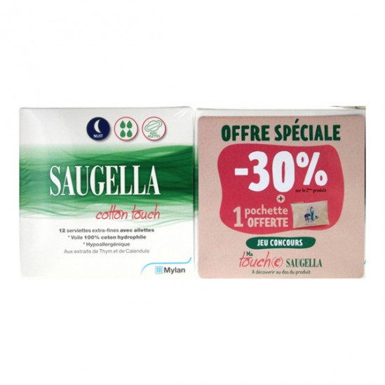 Mylan saugella cotton touch nuit lot de 2 x 12 serviettes extra-fines avec ailettes + 1 pochette offerte